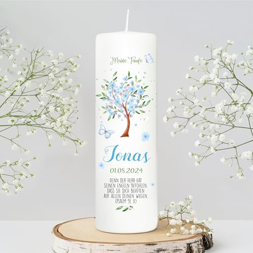 Wandtattoo Loft Taufkerze Junge mit Taufspruch, Motiv Baum mit Blüten, 25cm x 8cm, personalisierte Kerze, bedruckte Kerze Taufe, Stumpenkerze zur Taufe, individuelles Taufgeschenk