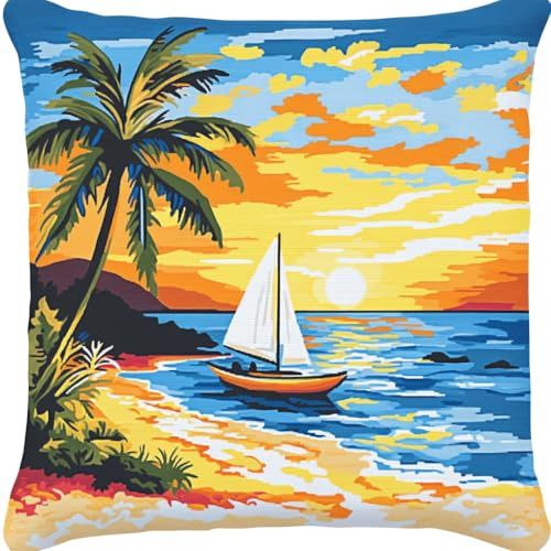 Henypt Kreuzstich Knüpfkissen Zum Selber knüpfen Kissen Set Knüpfpackungen Für Anfänger, Diy-Kissen, latch hook kits,Heimdekoratio 43x43cm(Ozean-Segelboot-Landschaft)