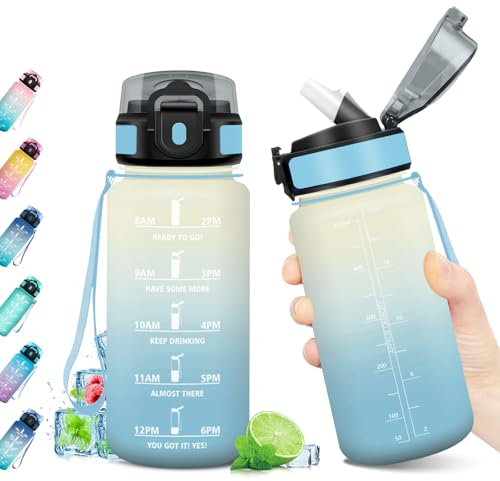 KollyKolla Borraccia 500ml, Borraccia con Cannuccia e Indicatore del Tempo, Bottiglia Acqua Riutilizzabile, senza BPA, A Prova di Perdite, Bottiglia Sport per Bambini, Studenti, Palestra, Ufficio