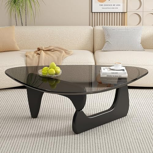 Table basse en verre transparent avec base en bois naturel, plateau triangulaire trempé pour salon, cocktail ou centre de thé