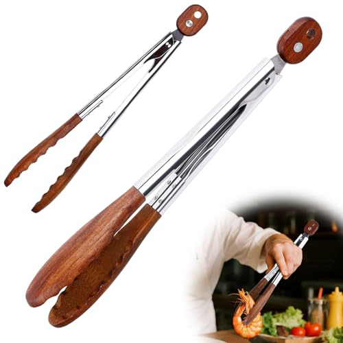 Wooden Tongs for Cooking, Anti-Slip Long Handle Wood Salad with Hanging Hole, Household Creative Cooking Tongs for BBQ, Serving Food, Salad Tossing 11.8-inch