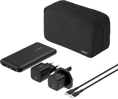Belkin Solution de Recharge Portable 5-en-1 avec Batterie Externe de 10000 mAh, Chargeur Secteur USB-C de 25 W, fiches européenne et Britannique, câble USB-C de 60 W et Pochette de Transport
