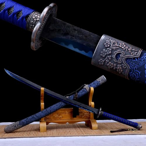 KWXPW 107cm Blaues Samuraischwert,Federstahl Klinge Bläuung,PU-Lederummantelung Holzscheide,Handgefertigtes Katana Für Geschenke,Ausstellungsstücke,Training,Dekoration und Cosplay