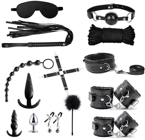 15er BDSM Bondage Set Fesselset Erotik SM Sex Spielzeug Zugband Handschellen Knöchelmanschetten Analplug Nippelklemmen Ballknebel Federkitzler Augenmaske Peitsche Paddel Baumwollseil Würfel (Schwarz)
