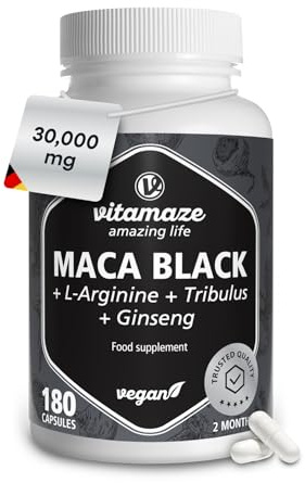 Black Maca, Maca Root Extract 30.000 mg with Tribulus + L-Arginin + Ginseng + Zinc + B-Vitamins,180 Capsules High Strength, Vitamaze