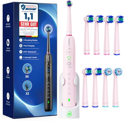 Brosse À Dent Électrique Rotatives pour Adultes Enfant - Brosses À Dents Rotatives avec 3 Intensités 5 Modes, 8 Têtes de Brosse, Étanche IPX7, Brosse A Dent Electrique de Voyage, Rose