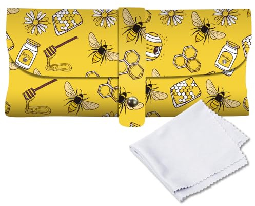 CREATCABIN Sonnenbrillenetui Aus Leder Mit Nagelschnalle Brillentasche Tragbar Gelbe Bienen Brillenetui Mit Gürtel Reinigungstuch Beschlagene Lesebrille Brillenaufbewahrung Geschenk Für Frauen 17x9cm