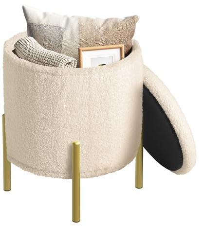 WOLTU Runder Sitzhocker mit Stauraum, für Wohnzimmer Schlafzimmer Flur, mit Metallbeinen und Deckel, klappbare Sitztruhe aus Teddyfleece und MDF, φ35 x H41 cm, Beige