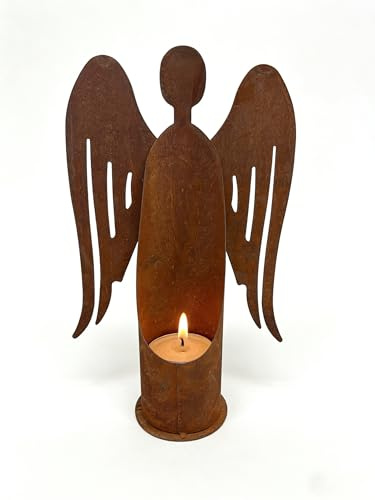 Jaxuzegs Metall Engel Kerzenhalter Rost mit Flügeln Edelrost Weihnachtsengel Grabdekoration Gartenfigur Rost Deko Tisch,b