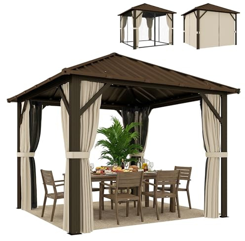 Outsunny Gartenpavillon ca. 3 x 3 m Aluminium Pavillon mit Stahldach Hardtop Moskitonetz 4 Seitenteile, UPF50+ Wasserabweisend Stabil Outdoor Pergola mit Haken für Garten Terrasse Braun