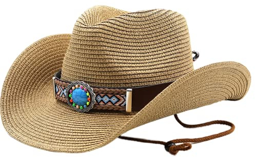 Pesoncarl Cowboy-Strohhut für Herren und Damen, Stroh, Cowgirl-Sonnenhut, Vintage-Nationalitätsstil, aufrollbar, Sommer, Strand, für den Sommer, Khaki