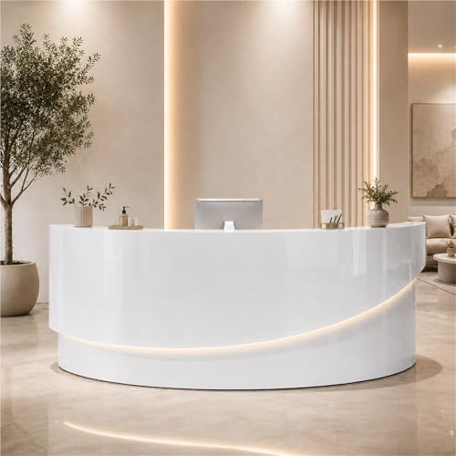 UKETO Moderne Gebogene Empfangstheke Hochglanz, Empfangstresen für Salon Büro Hotel Praxis, Rezeptionstheke mit Schublade, Stauraum und Kabeldurchlass(White,160cm/63)