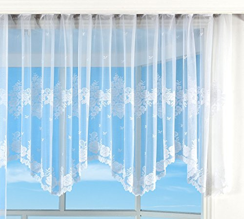 Bogenstore Gardine Jacquard, 145x450, Blumenmuster Weiß Kräuselband Universalband Faltenband Store, 13140