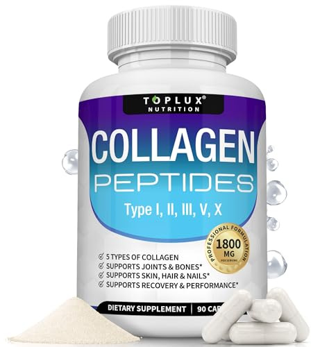 Toplux Multi Collagen Peptides Pills 1800 Mg Complex - Type I, II, III, V, X Premium Collagen Complex for Better Skin & Hair, Strong Joint, Hydrolyzed Protein, for Men Women, 90 Capsules, Supplement