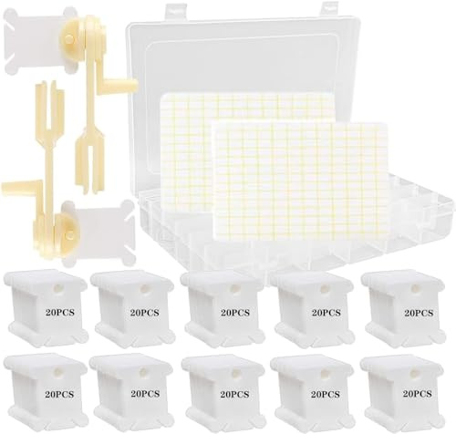 Naturezhen Scatole Porta Fili da Ricamo con 200 Farfalline Avvolgifilo Ricamo, 2 Avvolgitore Filo Interdentale, 36 Scomparti + 256 Adesivi Bianchi per Cucito, Punto Croce e DIY