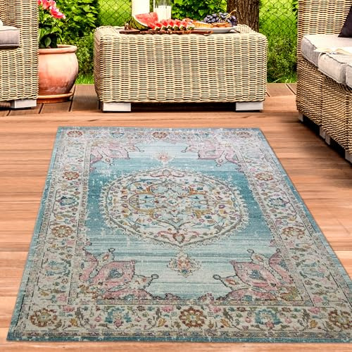 CARPETIA In- & Outdoor Teppich Florale Ornamente Blau Creme 200x290 cm | Pflegeleicht, strapazierfähig und saugrobotergeeignet, für geschützte Außenbereiche, Fußbodenheizung, Wohn- & Essräume