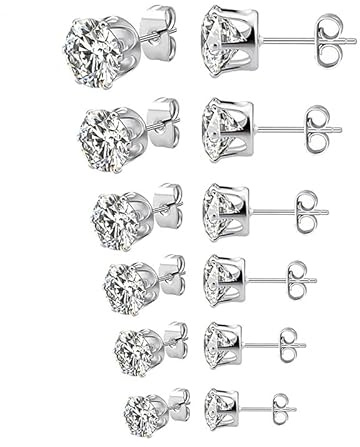 Aoen 6PCS 925 Sterling Silver Earrings for Women Stud Earrings, 5A+ Cubic Zirconia Size: 3/4/5/6/7/8mm Tiny/Small Hypoallergenic earrings Set | Cubic Zirconia Stud Earrings for Women Girls