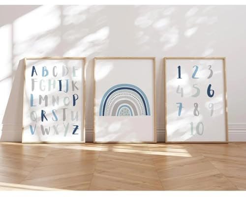 MeinBaby123® Bilder Kinderzimmer | 3er Set A4 Poster | Alphabet ABC Lernposter Zahlen Regenbogen | Deko Kinderzimmer Jungen | Babyzimmer | Wandposter Premium (ABC, Regenbogen, Zahlen - blau)
