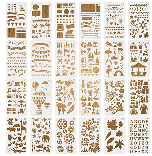 MWOOT 24 Pezzi Journal Stencil Pittura, Set Stencil Disegno Pianificatore Lettere, Riutilizzabile Diario Journal Accessori per Fai Da Te Scrapbooking Taccuino Parete Decorazioni (17.8x10.4CM)