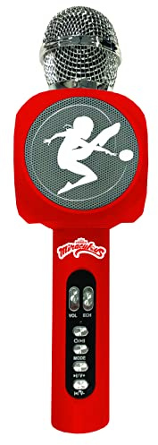 Lexibook, Miraculous Ladybug Chat Noir, Microphone sans Fil avec Enceinte et lumières, Bluetooth®, Fonction Changement de Voix, Effets Lumineux, Port Micro SD, USB, argenté/Rouge, MIC260MI