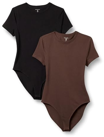 Amazon Essentials Women's Short Sleeve Crew Neck Stretch Cotton Jersey Slim-Fit T-Shirt Bodysuit, Pack of 2, Black/Rich Hazel, Large