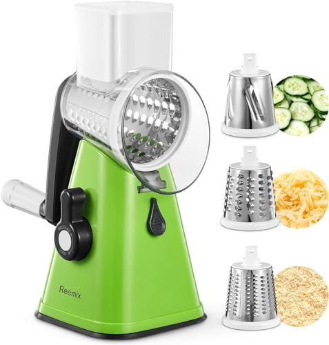 Rallador de Queso, Reemix Rallador Verduras con 3 Cuchillas de Tambor, Rallador Cocina de Corte más Rápido y Fácil, Cortadora de Verduras Ideal para Queso, Pepino, Zanahoria, Nueces- BPA FREE (Verde)