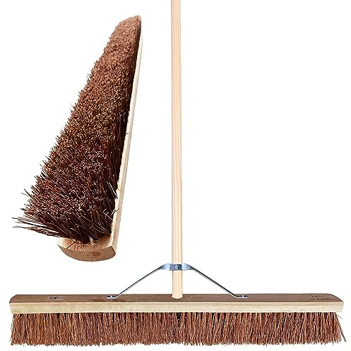 36” Stiff Outdoor Yard Brush - Natural Bassine Hard Bristle with Durable Metal Stay Arm & 4ft 6in Wooden Handle. Heavy Duty