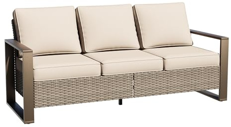 MeetLeisure 75 Patio Metal Wicker Sofa, All Weather Outdoor Rattan 3-Seat Sofa Couch with Premium Cushions & Rectangular Framed Wood-Looking Metal Armrest for Garden Backyard Porch Deck, Beige