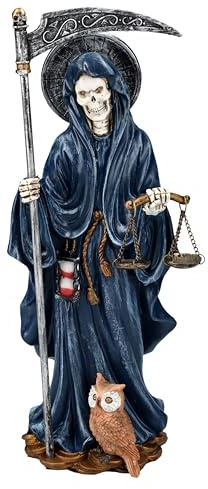 Santa Muerte Figur mit Waage blau 26,5 cm | Grim Reaper Sensenmann Fantasy Deko Eule Sense Sanduhr