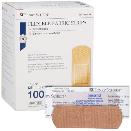 Henry Schein Sterile Adhesive Fabric Bandages, 1 x 3 – Box of 100 Flexible, Breathable Strips – Soft, Stretchable Wound Covers for First Aid, Medical Use, Clinics & Emergency Kits