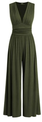 CIDER - Tuta da donna con scollo a V, increspata, tinta unita, a gamba larga, da vacanza sulla Riviera Francese, Verde oliva, Small