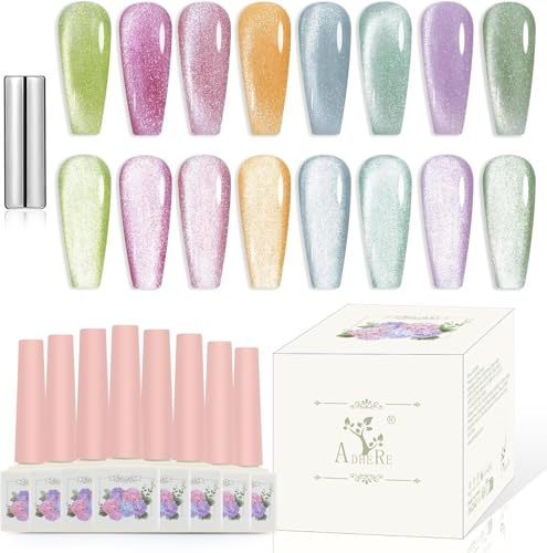 ADHERE 12 ml 8 st. karamellfärg, gelnagellacksset med kattögon med magnet, nagellack för kattögon, nagelgel, glänsande och absorberande magnetiskt UV-gelnagellack