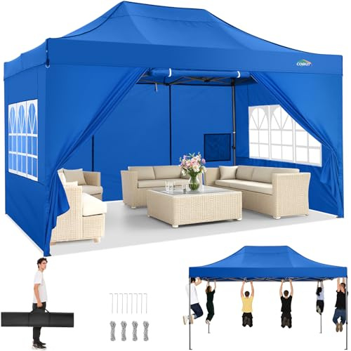 TOOLUCK Faltpavillon Pavillon 3x4.5 Wasserdicht Stabil, Outdoor Faltbar Garten Pavillon UV Schutz 50+, Partyzelt mit 4 Seitenteilen, Blau