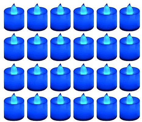 Teelichter Gläser Vintage 24 Packungen, flammenlose blaue Teelichter, flackernde marineblaue Votivkerzen für Geburtstag, Hochzeit, Party, Festival Schwarze Kerzenständer Rund (Blue, One Size)