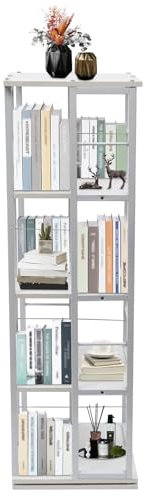 Susoso 4-stöckig Drehbares Bücherregal, 40x40x134cm Modern Lagerregal Boden stehend Aufbewahrungsregal Aktenregal Büroregal Offene Struktur 360-Grad-Display für Wohnzimmer Weiß