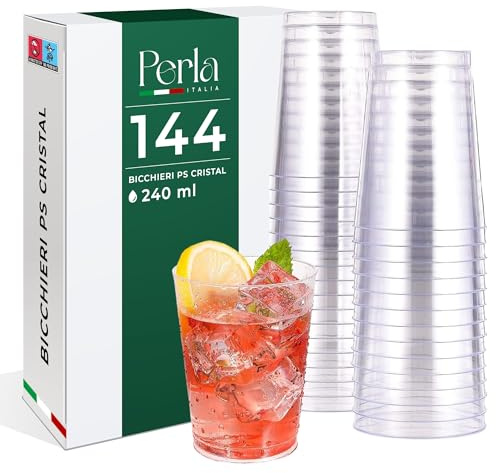 Perla - 144 Bicchieri in Plastica Rigida Riutilizzabili - Set Bicchieri 240ml Trasparente - Resistenti e Riciclabili - Bicchiere per Acqua, Vino, Drink - Made in Italy