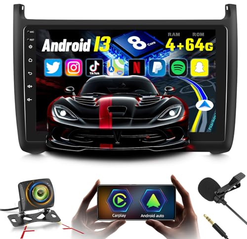 8 Core 4G+64G Android 13 Autoradio per VW Volkswagen Polo 2008-2020 | Wireless Carplay e Android Auto 9 Pollici 2 Din Touchscreen Auto Stereo con WIFI/GPS/Bluetooth 5.0/32 EQ DSP/FM RDS