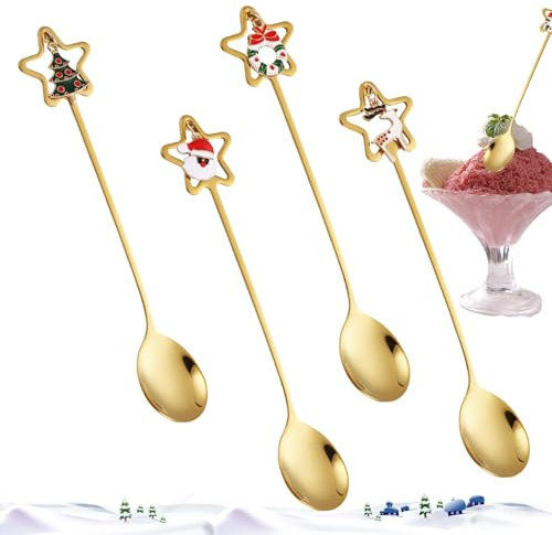 Weihnachts-Kaffeelöffel, Weihnachts-Rührlöffel - 4X goldene Teelöffel,Eislöffel für Kaffee, Dessert, Kuchen, Tee, Kaffee-Bar-Zubehör