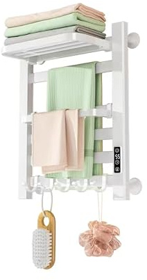 Könighaus Badheizkörper 130 W - Handtuchwärmer - Weiß | Kleb- & Schraubmontage, rostfreies Aluminium, 5 Haken, Bügel, Digitalanzeige