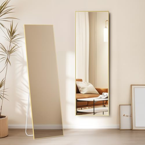 Warmiehomy 165X50cm Large Full Length Standing Mirror, Rectangular Full Body Floor Mirror with Stand, Hanging or Leaning Against Wall for Bedroom, Gold