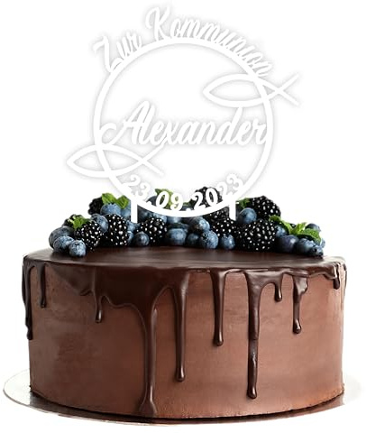 Acryl Cake Topper mit Wunschtext zur Kommunion | personalisiert mit Namen und Datum | Tortenstecker Kuchendeko | weiß | Kuchendekoration und Tortenschmuck 100% Made in Germany