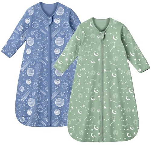 Unnivoll Baby Sleep Sack 6-12 Months 100% Cotton Long Sleeve Wearable Blanket Baby Sleep Bag with 2-Way Zipper 2 Pack 0.5 Tog Sleeping Sack for Newborn Infant Blue Green