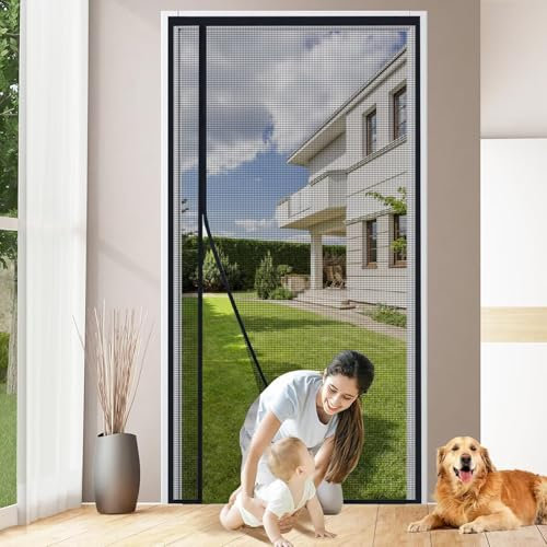 Magnetische Fliegengittertür 125x265cm Schwarz Automatisch schließender Insektenschutzvorhang für Terrassentüren, Korridore, verhindert das Eindringen von Mücken und anderen Lebewesen