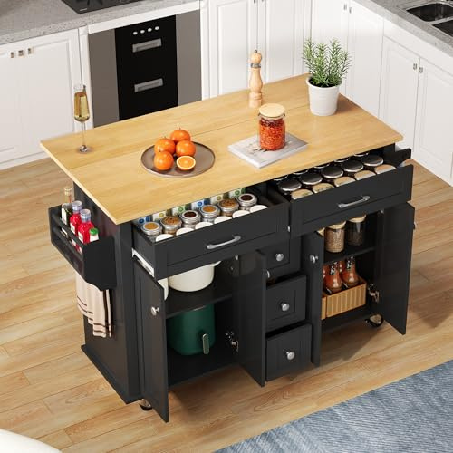 Huayz Carrello da cucina con piano di lavoro pieghevole, espandibile 120 × 65 cm, con 5 cassetti, portaspezie e asciugamani, con ruote, isola di cucina per cucina, sala da pranzo e soggiorno