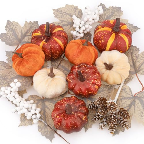 Funzhan 25Pcs Artificial Velvet Pumpkins Fall Decor Set Maple Pine Cones