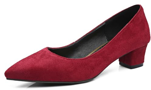 Lizoleor Decollete Donna Tacco Largo Punta Senza Chiusura Scarpe Business Comodo Moda Camoscio Solid Rosso Numero 38 EU/39CN