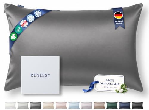 RENESSY Seitenschläferkissen Bezug 40x145 cm aus 100% Bio-Seide - 22 Momme Maulbeerseide, Güteklasse 6A, Oeko-Tex zert. in Deutschland - Luxus für Haar und Haut, 1 Stück (Graphitgrau)