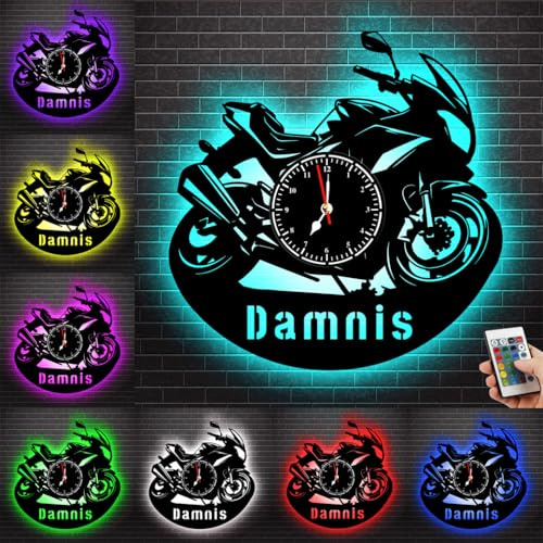 Orologio da parete per moto da corsa, regalo decorativo con nome, orologio da parete per moto, multicolore, con luce notturna a LED, orologio da parete personalizzato per camera da letto e soggiorno