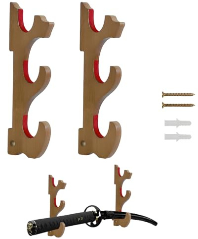 Suerhatcon 3-Tier Schwertständer Wand, Holz Schwerthalter Katana Wandhalterung Wandregal Wandständer für Katana und Schwert Sammlung (Braun)