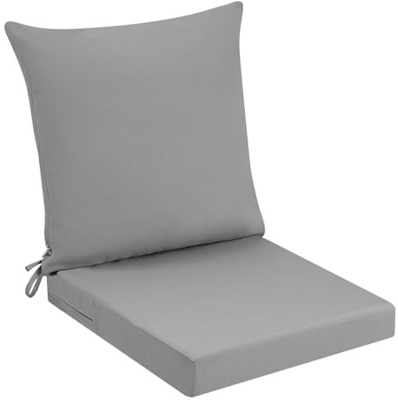 PRIMEPATIO Outdoor Garden Chair Cushion With Backrest, 45x45cm, Grey | 7cm Thick, Waterproof Patio Seat Pad With Removable Cover and Ties For Sofa Chairs, Garden Furniture, Outdoor Seating